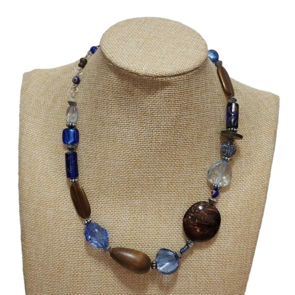 Treska Gypsy‎ Warehouse Funky Blue Brown Chunky Beaded Statement Necklace NWT